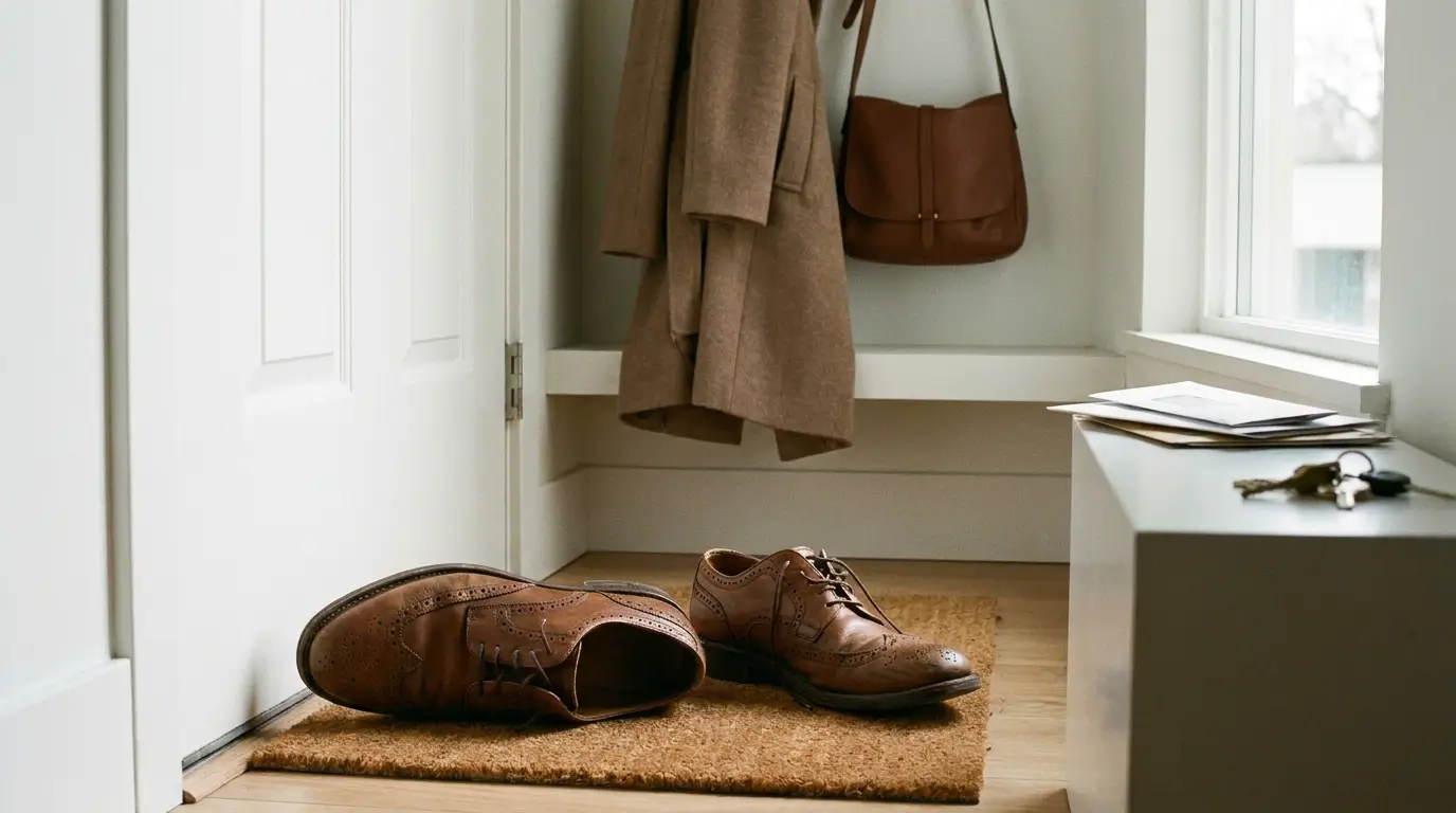 Attracting wrong partners birth chart — a pair of men's shoes left just inside an apartment door, slightly crooked, not quite put away — the small sign of someone who is never fully present