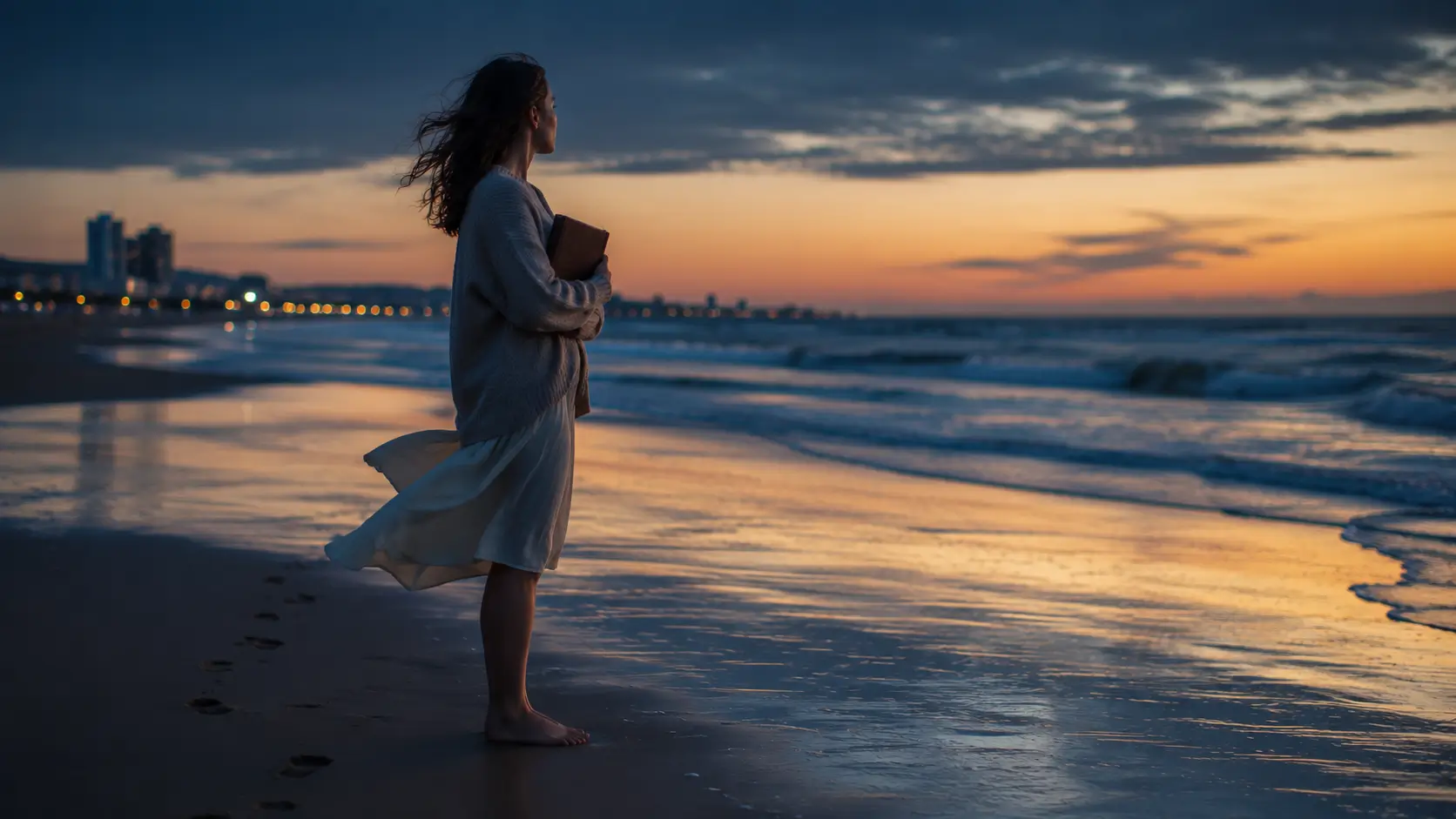 Birth chart and love — woman standing barefoot at the shoreline at dusk, holding a closed journal against her chest, looking at the horizon