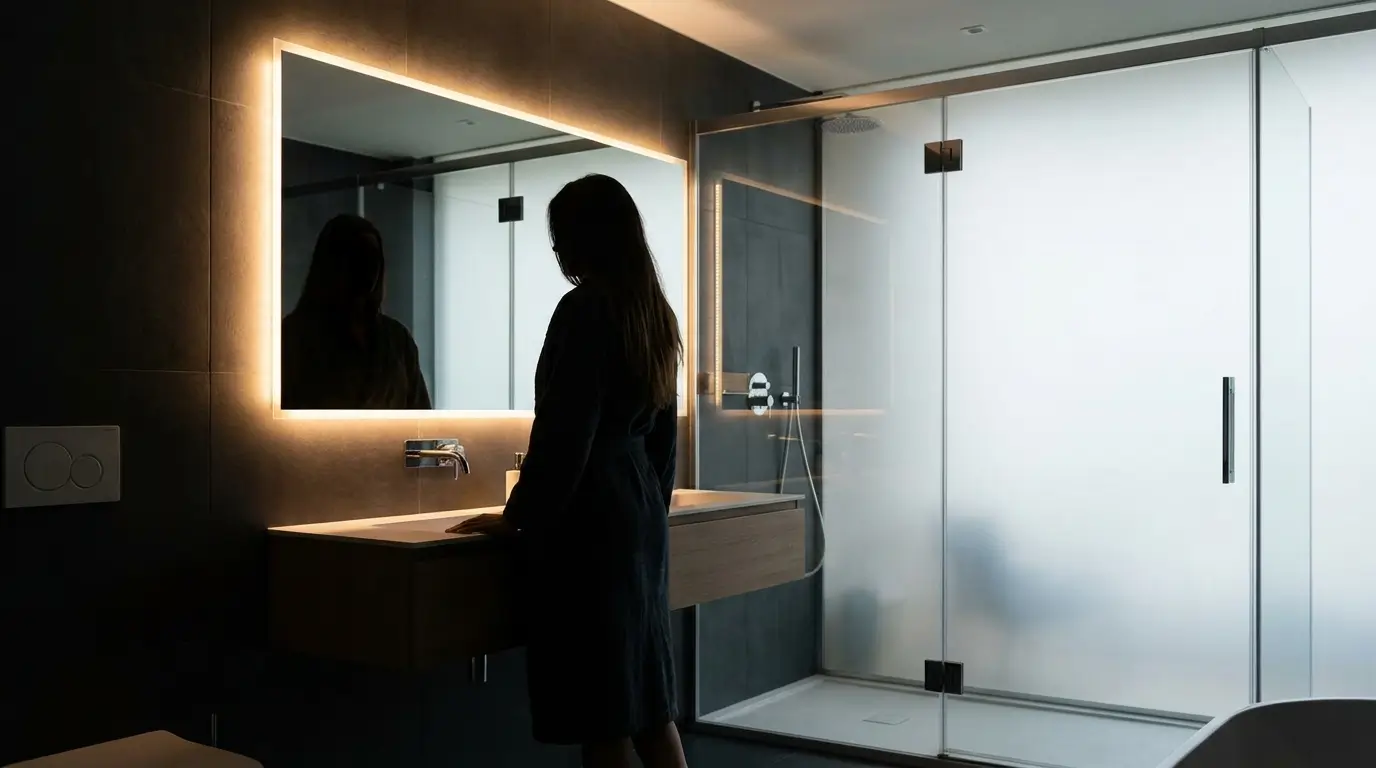Birth chart love compatibility deeper — a woman looking at her reflection in a modern bathroom mirror, only her silhouette visible in soft vanity light, the moment before she decides what she actually wants