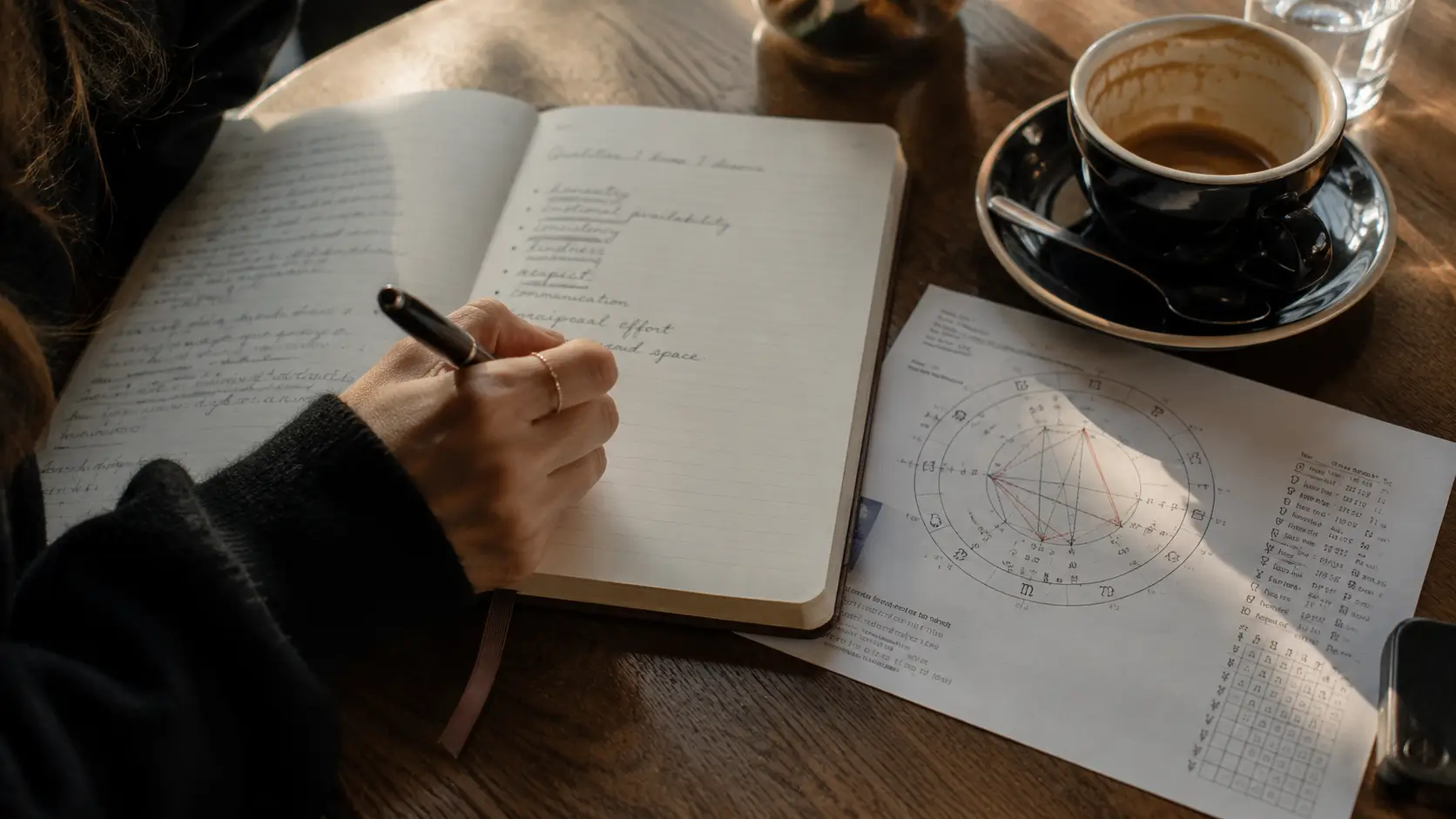birth chart love destiny — woman writing in journal next to printed birth chart at café table in afternoon light