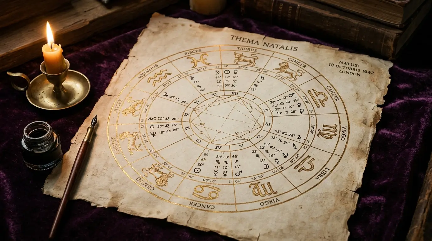 Antique astrological birth chart on parchment with gold zodiac symbols by candlelight