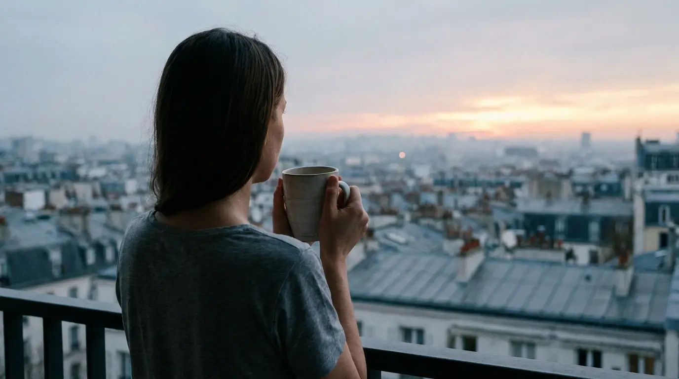 Birth chart love life reading — a woman standing on an apartment balcony at dawn, mug in both hands, looking out at the city below — the morning after a realization that changed everything