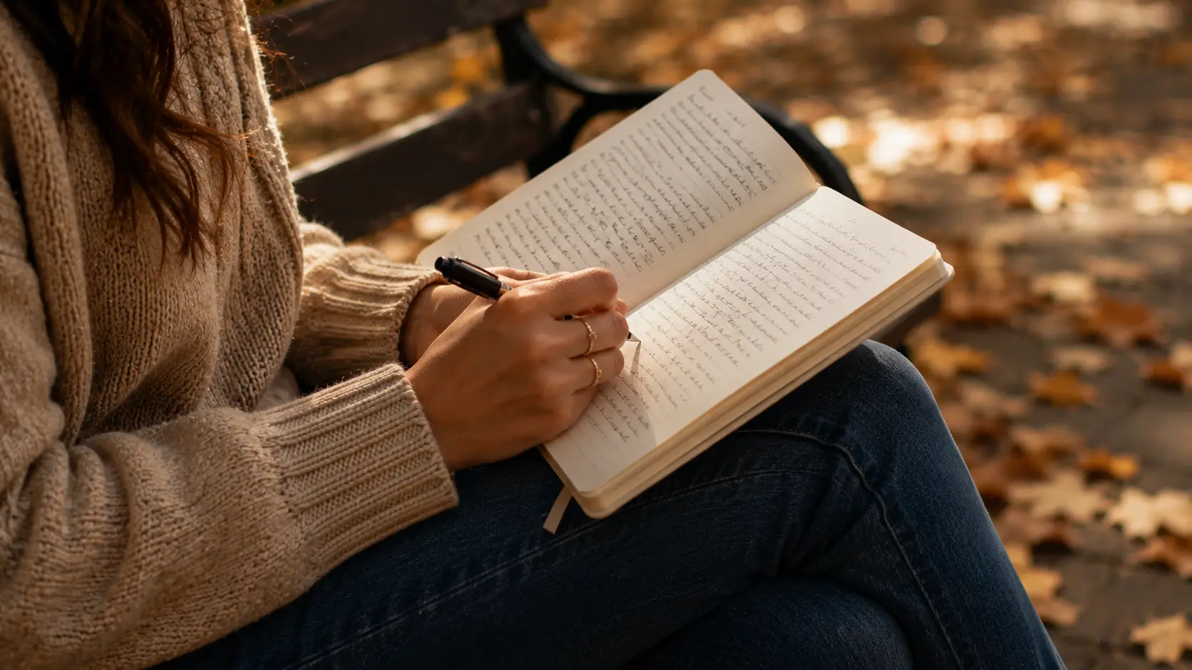Birth chart love match — a woman's hands writing in an open journal on a park bench, a pen in motion, the pages filled with handwriting. Autumn park setting, soft natural light. Face not visible. Contemporary, emotional, documentary style. Horizontal 16:9.