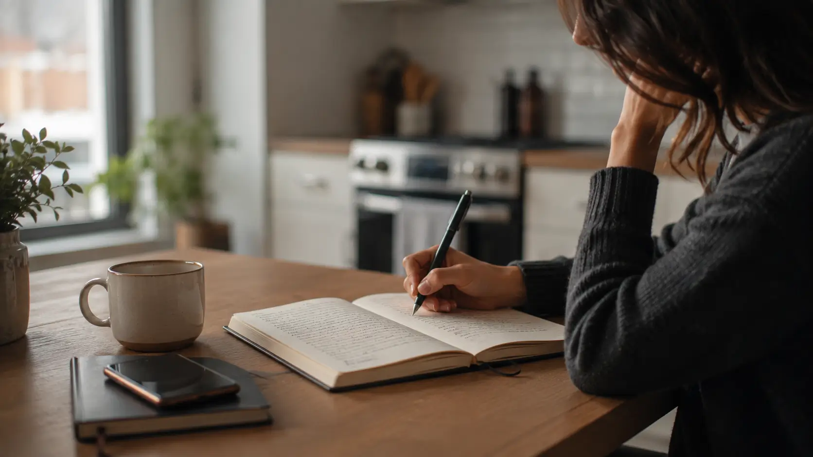 Birth chart patterns — woman journaling at her kitchen table in the morning, coffee going cold beside her notebook