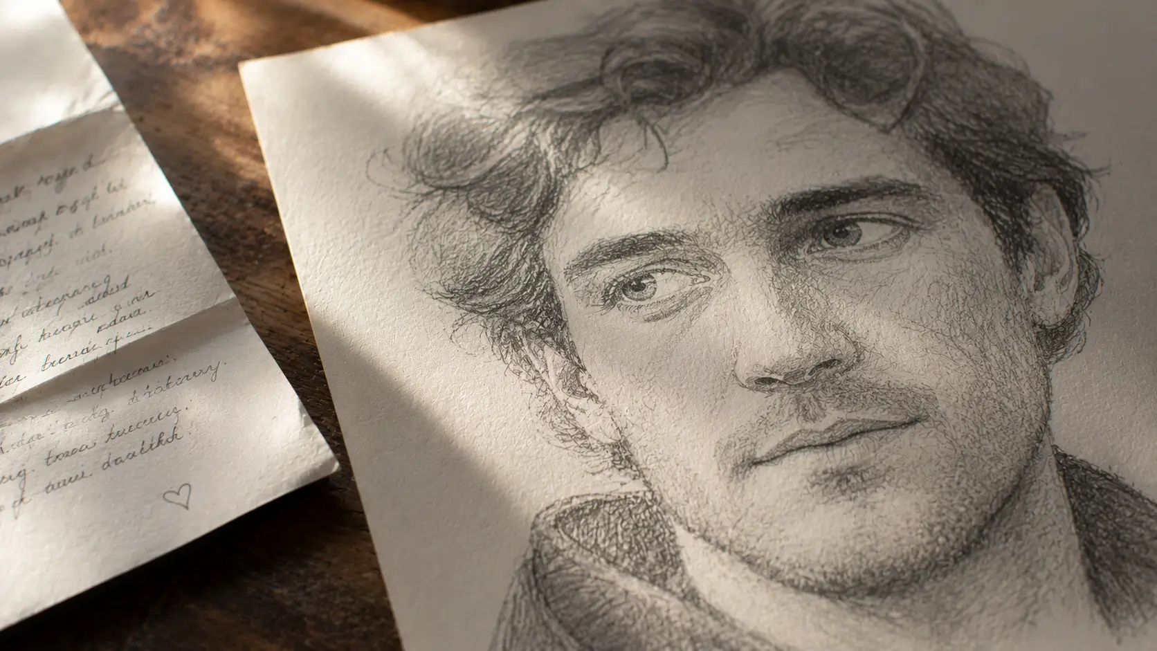 Birth chart reveals soulmate — a detailed pencil sketch portrait of a man's face on cream paper, resting on a wooden table