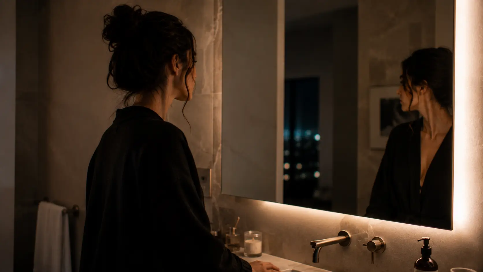 Birth chart soulmate appearance — woman standing in modern bathroom looking past the mirror, thinking about someone