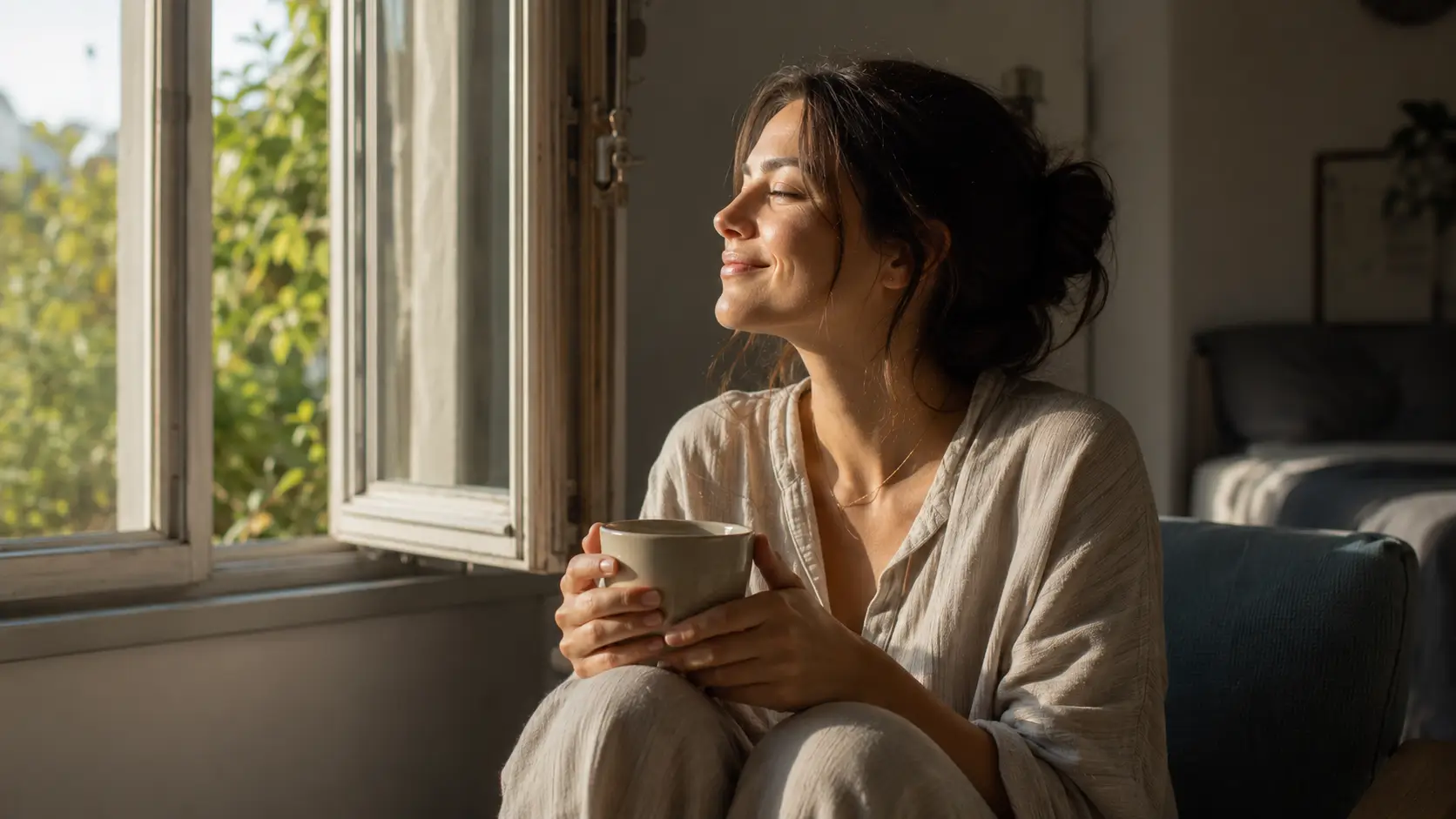 Birth chart soulmate story — woman smiling to herself in soft morning light, sitting by an open window, eyes slightly closed