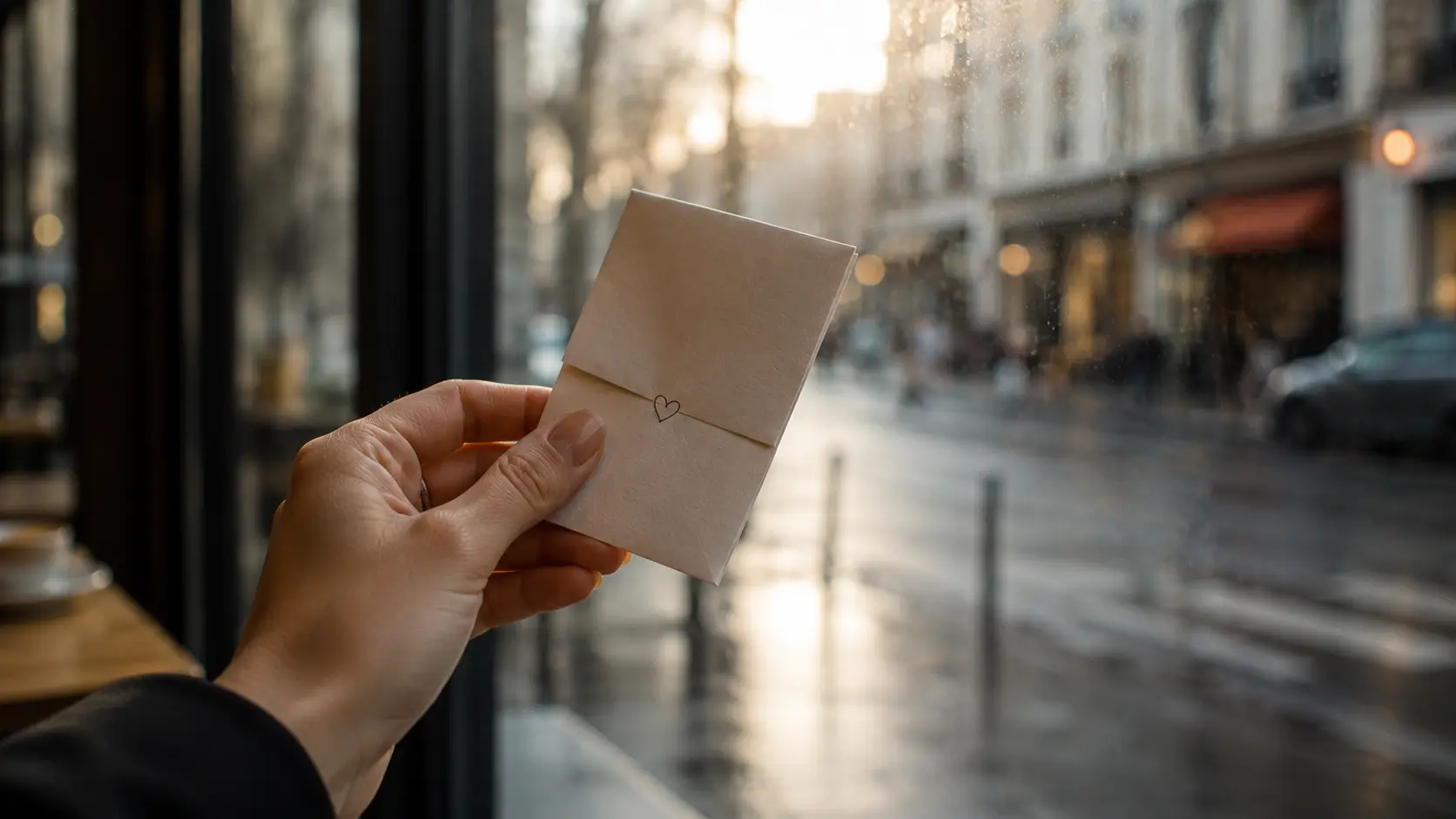Birth chart soulmate timing meeting date — a woman's hand holding a small folded note against a café window, city light behind