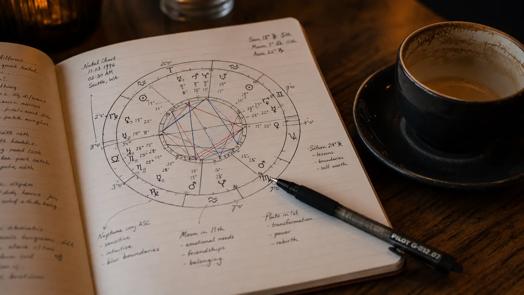 Birth date love destiny astrology — open notebook with hand-drawn birth chart wheel on café table, pen and coffee beside it