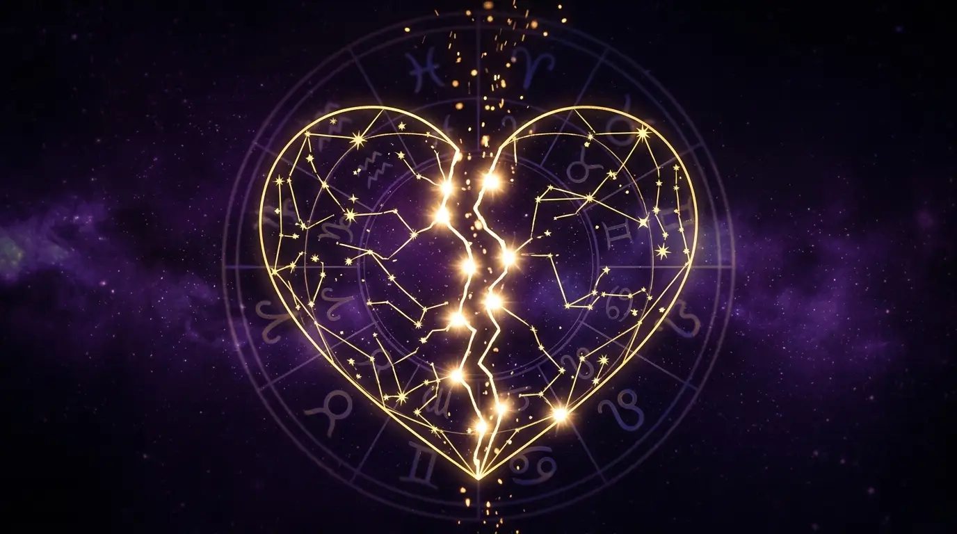 A cracked heart formed by gold constellation lines against deep purple background, suggesting astrological patterns of betrayal