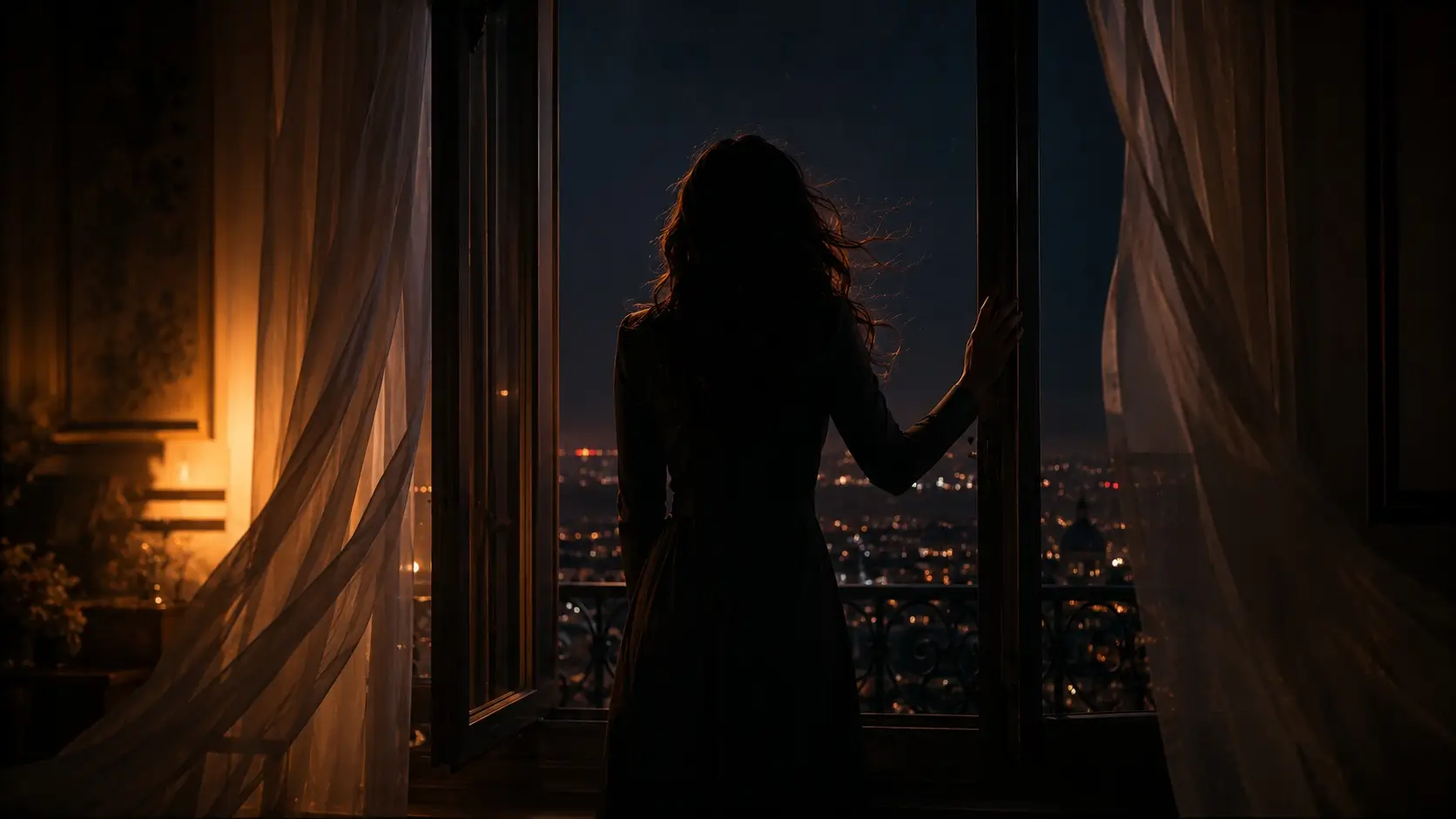 Cancer aquarius relationship — woman silhouette at open window at night, caught between the warmth inside and the open world beyond