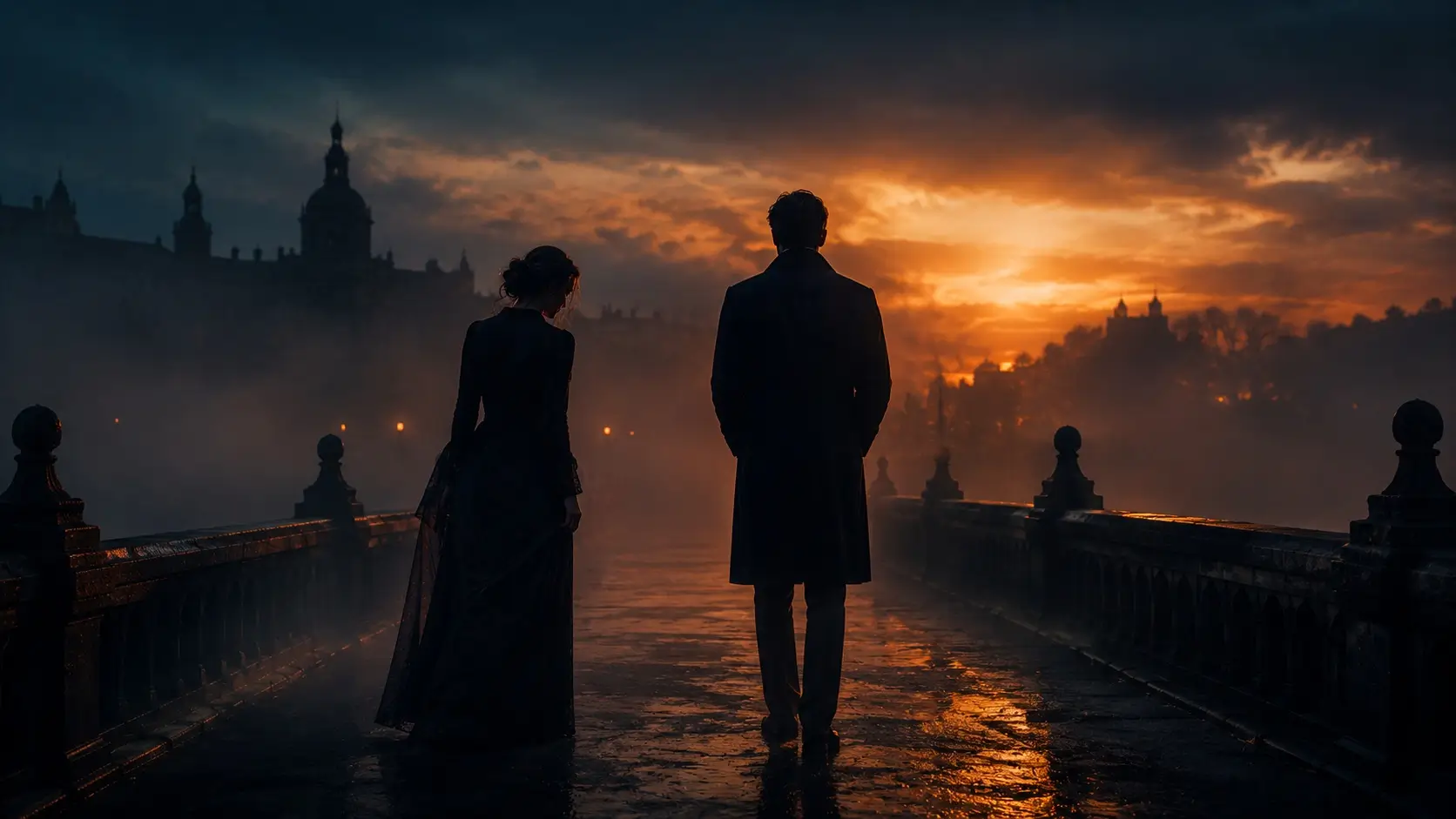 Cancer capricorn compatibility — a couple standing close but apart on a misty bridge at dusk, suggesting emotional tension and deep attraction