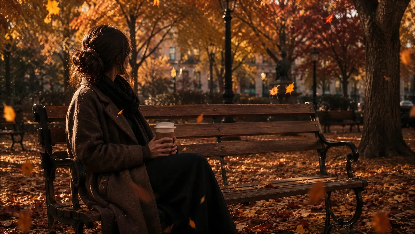 Cancer capricorn compatibility — woman sitting alone on a park bench in autumn, reflecting on a slow-building connection