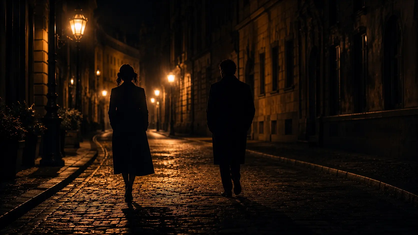 Cancer capricorn soulmates — two silhouettes walking side by side at night with a gap between them, evoking the tension and depth of this relationship