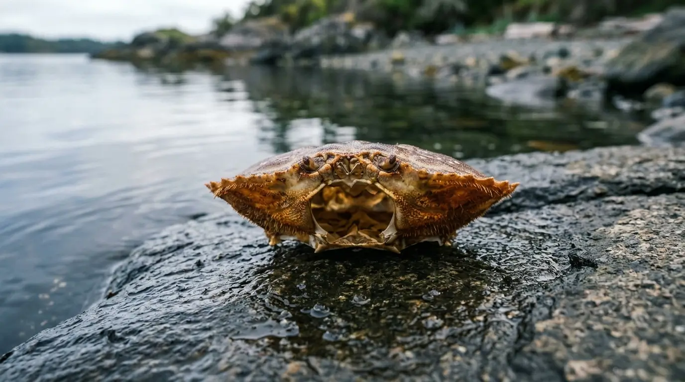 Cancer man in love signs — close-up of a crab shell on a wet stone beside still water, soft natural light, symbolic of emotional protection and vulnerability