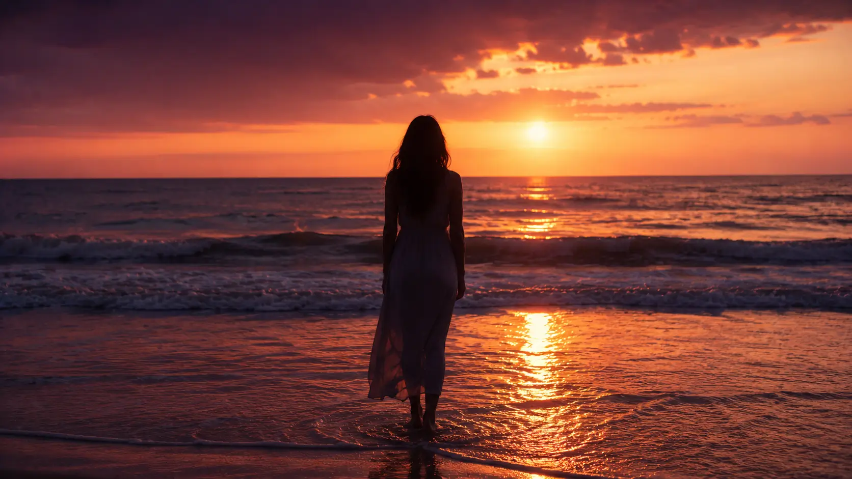 Cancer man misses you no contact — woman standing alone at the ocean's edge at night, looking out at the dark water