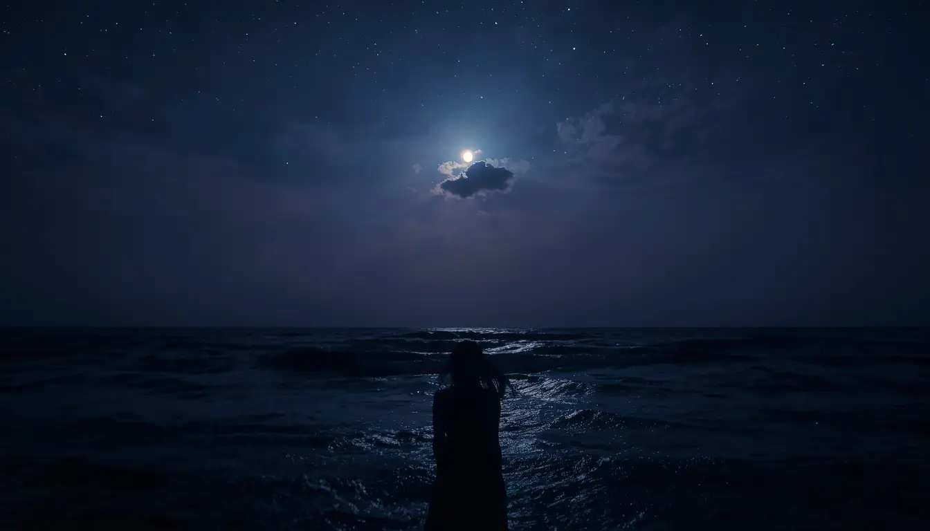 Woman standing alone at the ocean's edge at night, representing the emotional distance of no contact with a Cancer man