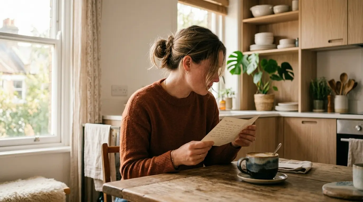 Cancer man serious relationship — woman sitting at a kitchen table reading a handwritten note, warm morning light, soft emotional expression