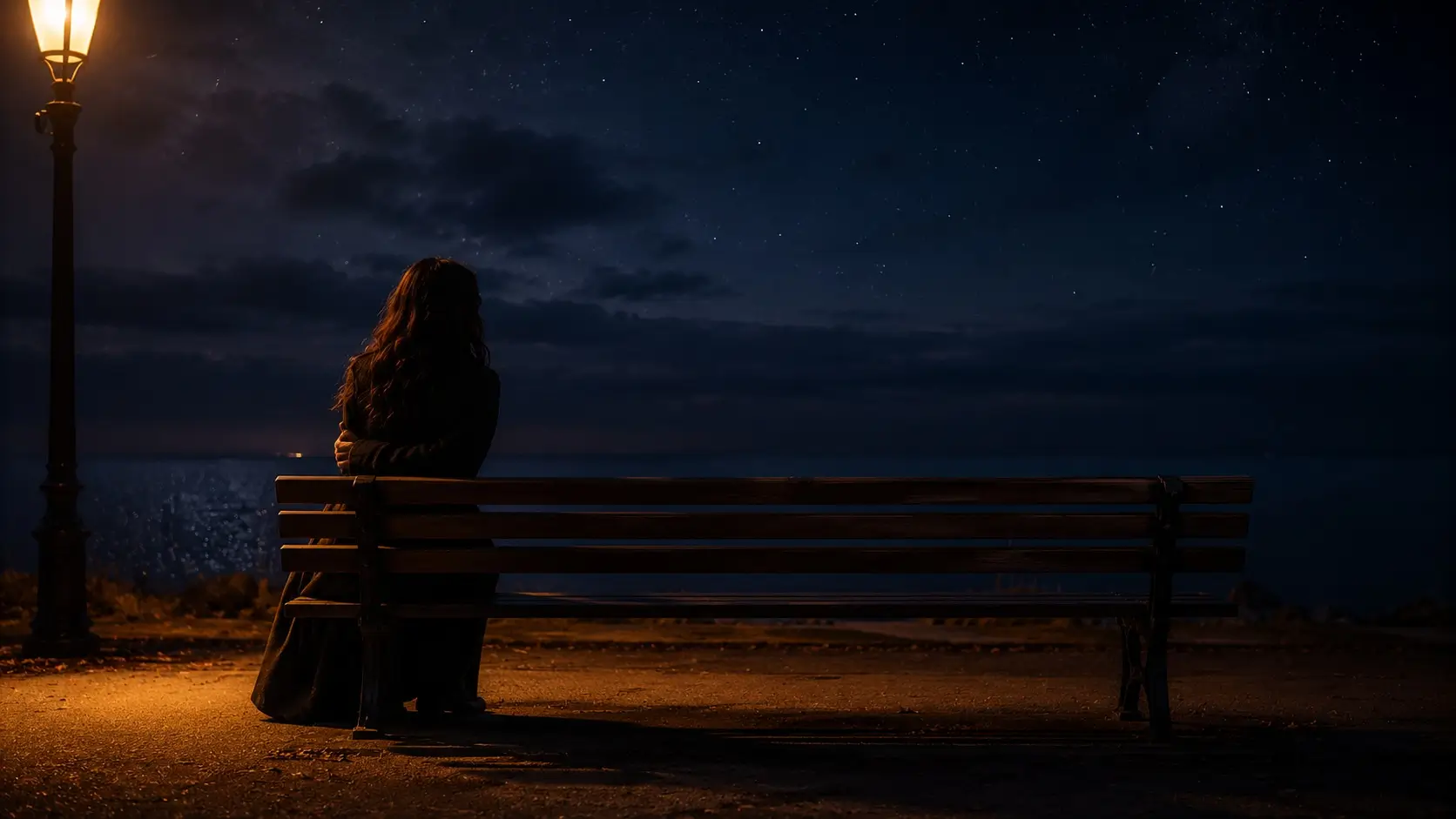 Cancer woman aquarius man — woman sitting alone on a bench at night, empty space beside her, amber light and dark sky