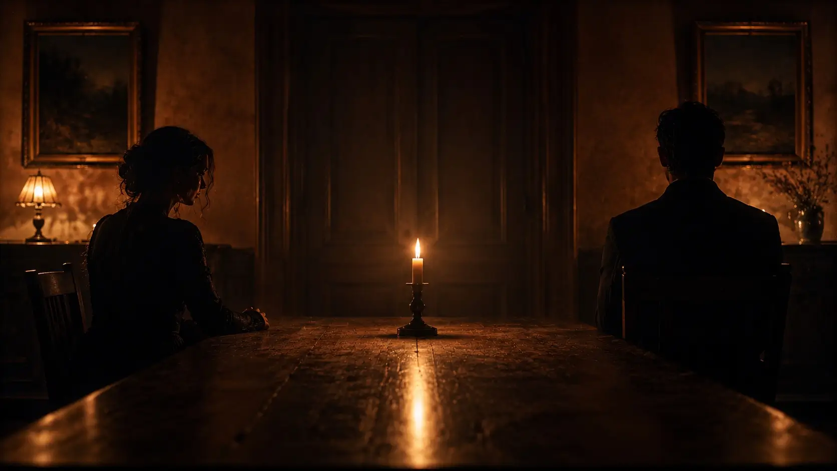 Cancer woman capricorn man — two silhouettes at opposite ends of a candlelit table, conveying emotional distance and quiet longing