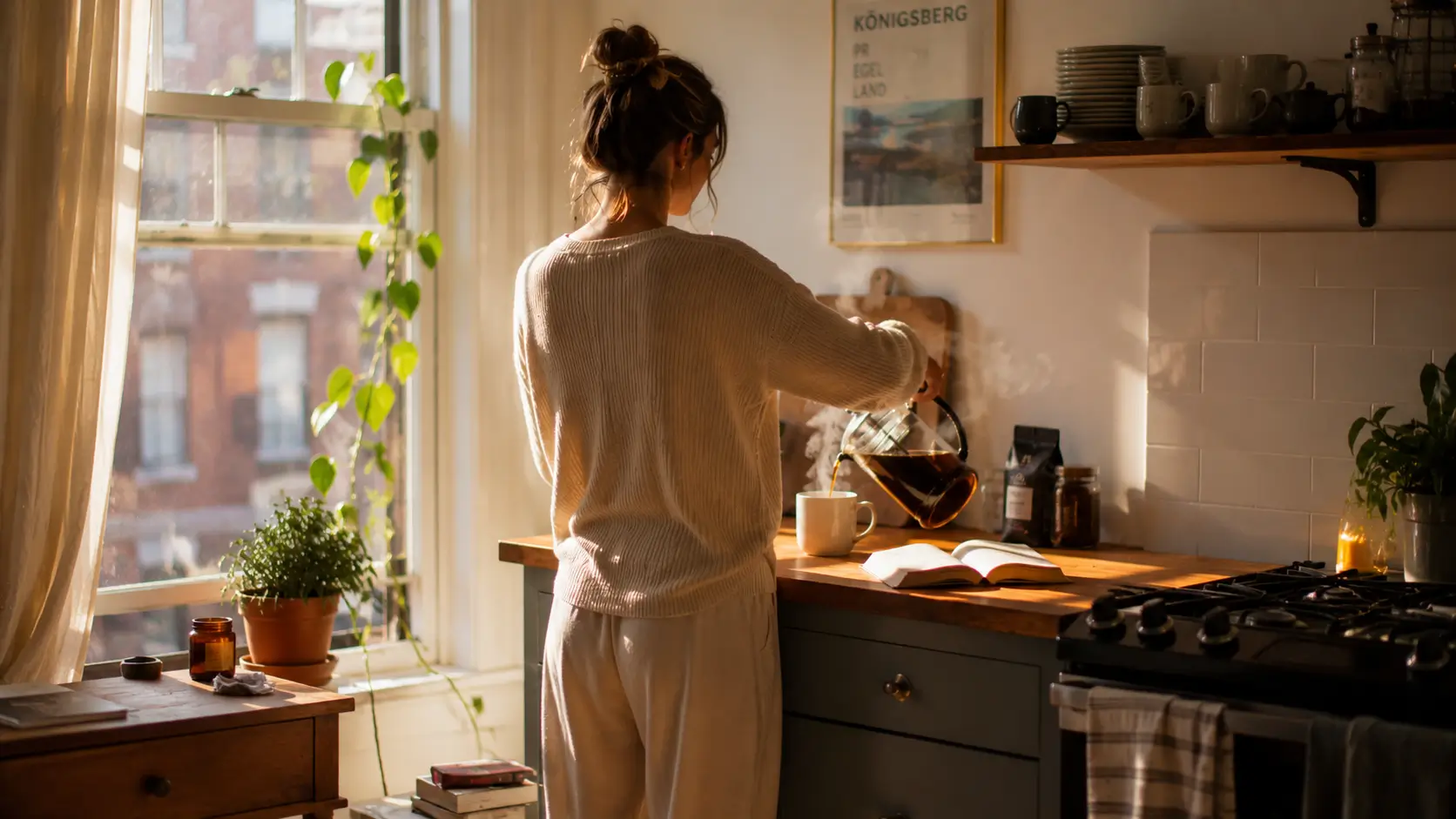 Cancer woman personality love — a woman pouring coffee in a warm sunlit kitchen on a slow morning, a lived-in home full of quiet comfort