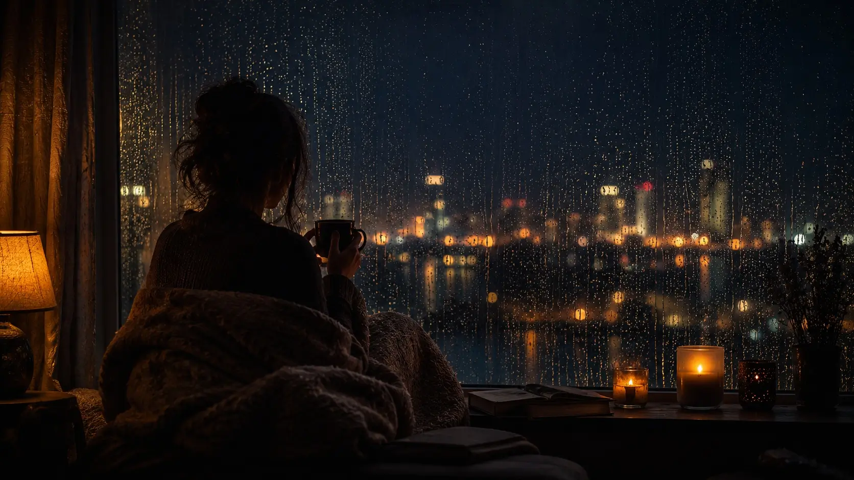 Cancer woman sagittarius man — feminine silhouette sitting at a rain-streaked window at night, holding a warm cup, looking out pensively