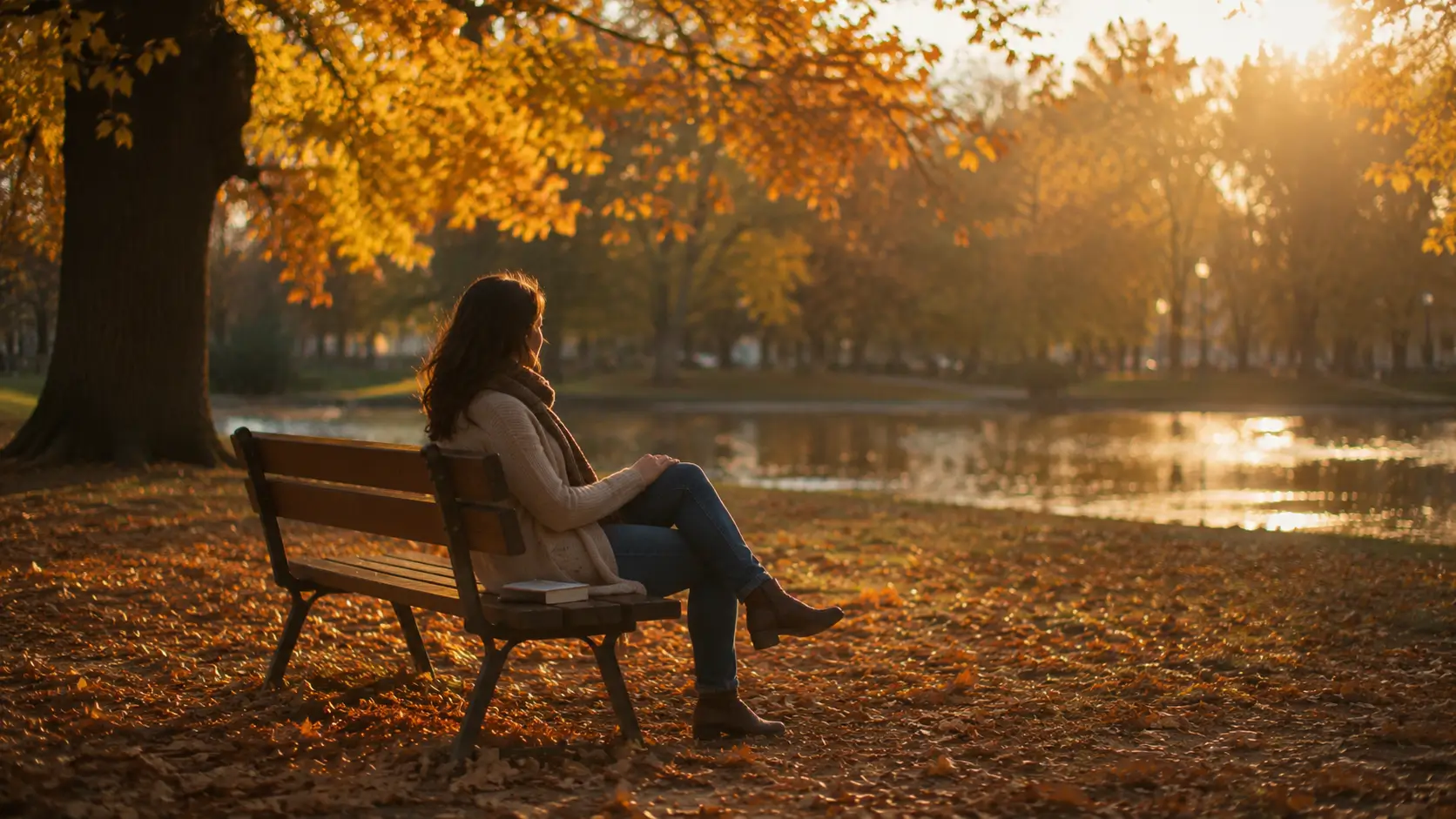 Cancer woman unforgettable — woman sitting on a park bench in autumn, surrounded by fallen leaves, a quiet private smile, lost in her own world