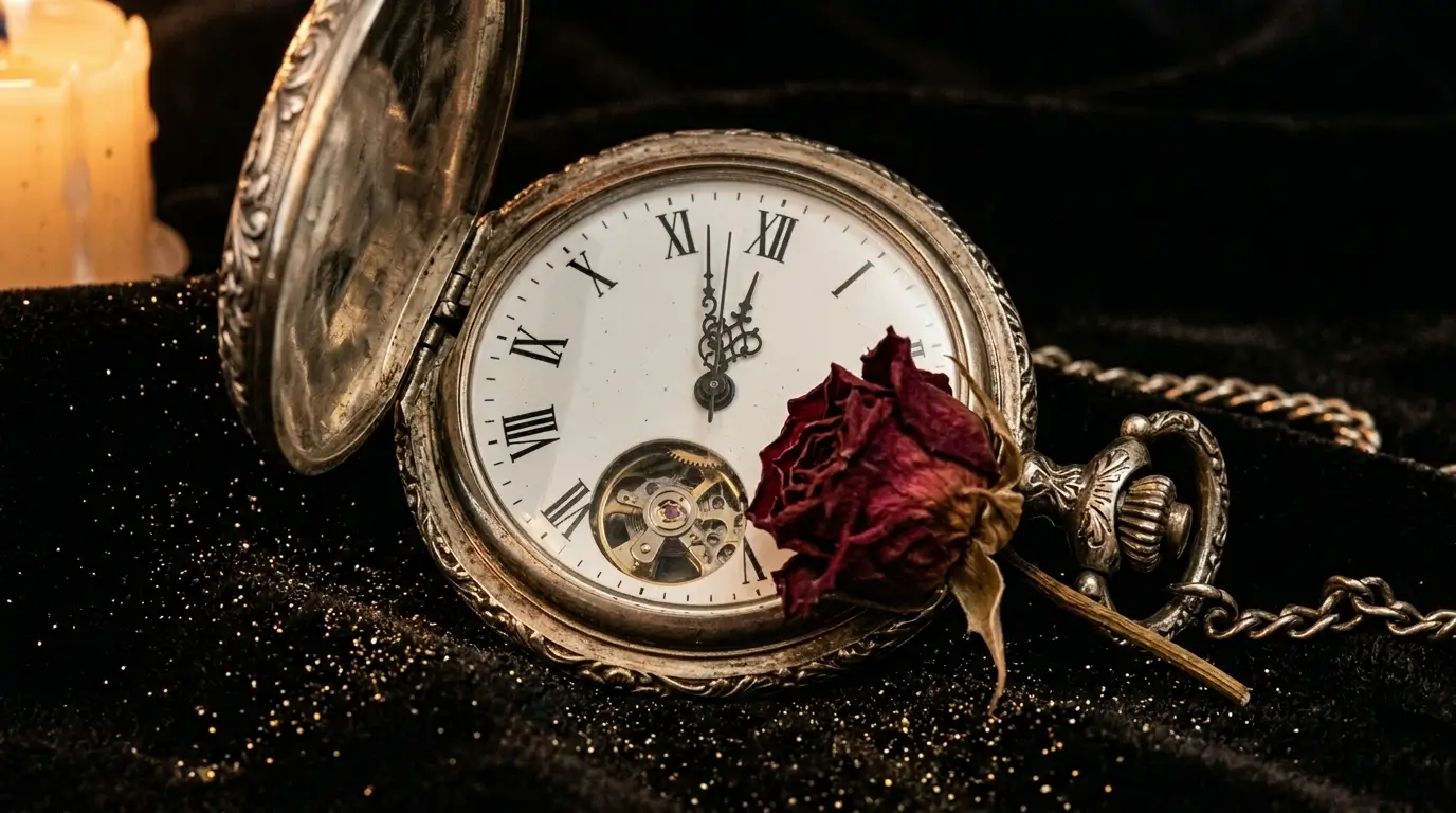 Capricorn man after breakup — an antique broken gold watch resting on dark velvet, representing his complicated relationship with time and timing