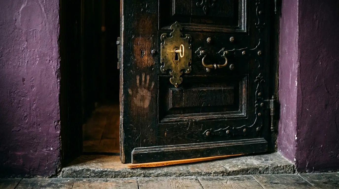 An ornate locked door with a gold key left in the keyhole, warm light coming through the crack underneath, representing a Capricorn man returning and asking to be let back in