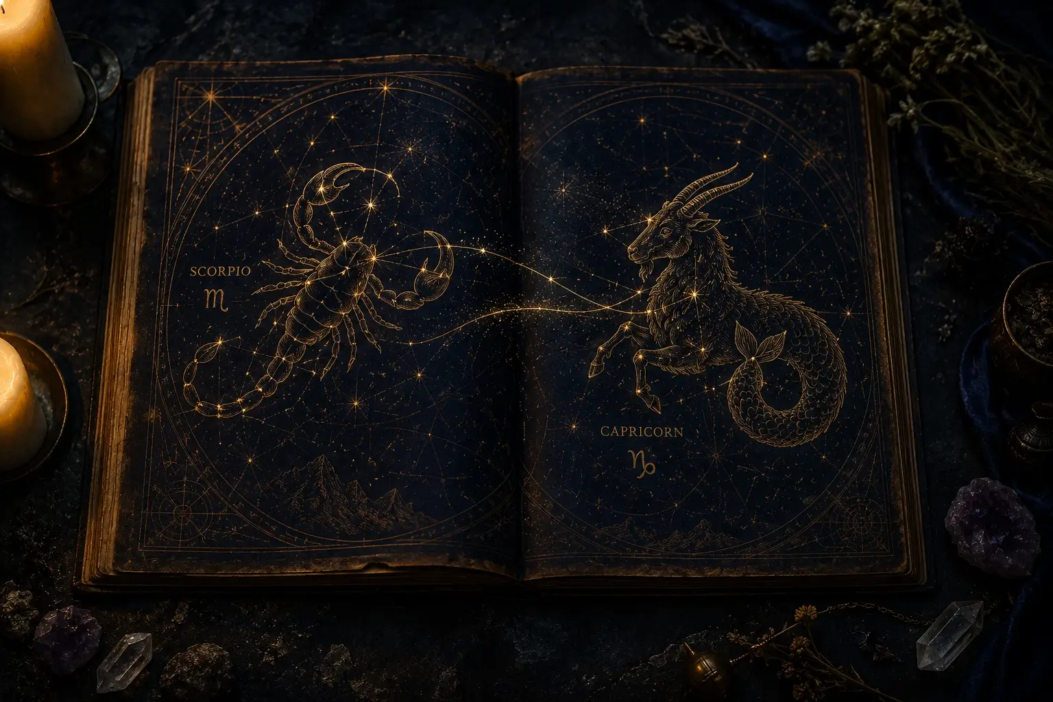 Capricorn Scorpio soulmate — antique star map showing Scorpio and Capricorn constellations connected by gold lines on dark parchment