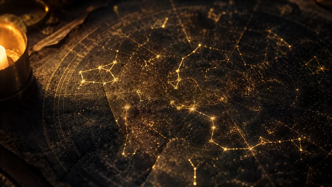 Antique star map with gold constellation lines on dark parchment, some bright and fully connected, others faint, symbolizing loyalty patterns in astrology