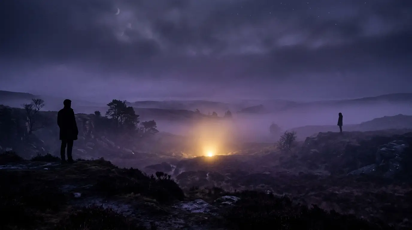 Two silhouettes standing far apart in a misty purple night suggesting emotional separation