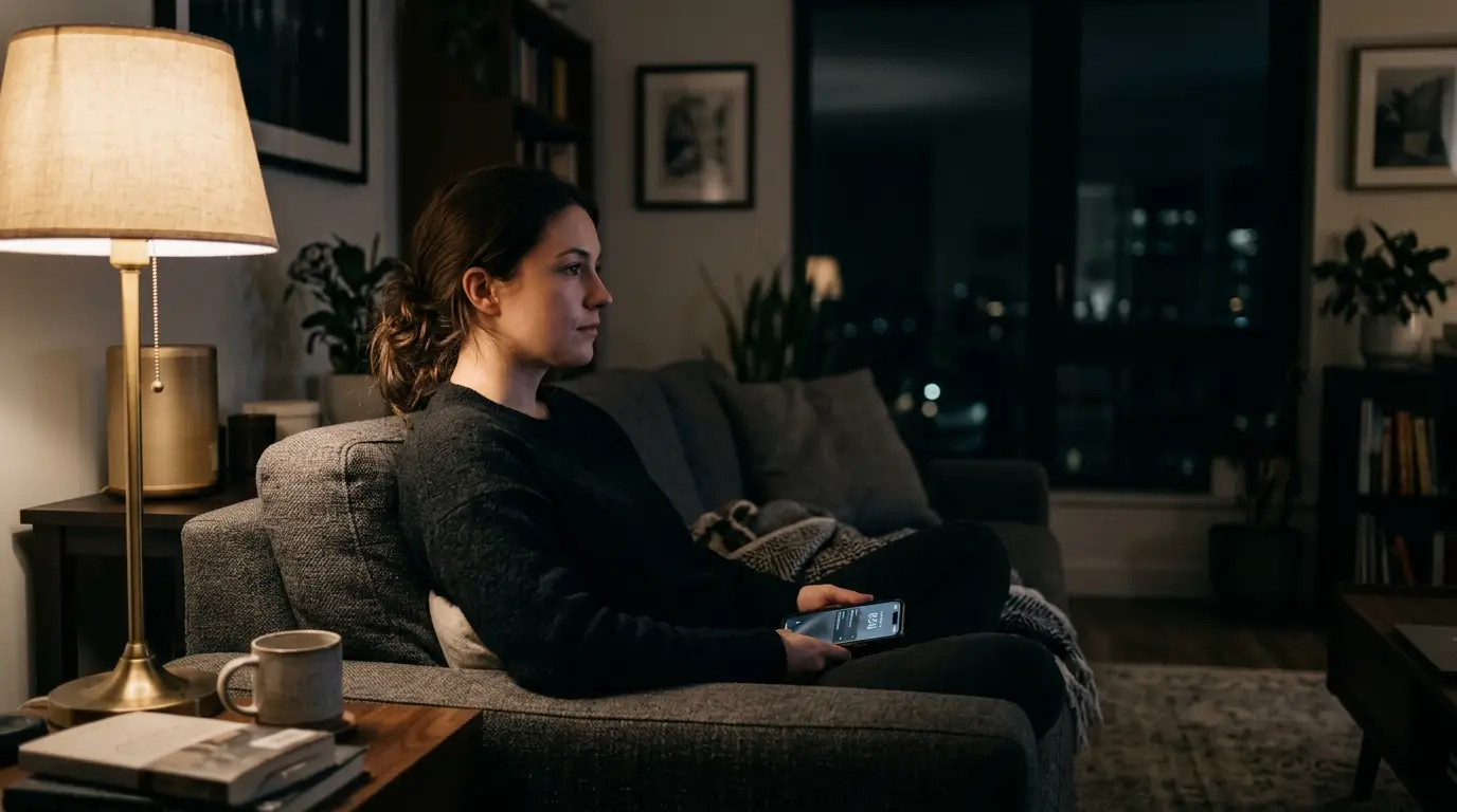 Dating each zodiac sign — woman sitting on a sofa at night, phone in her lap, expression thoughtful and unreadable