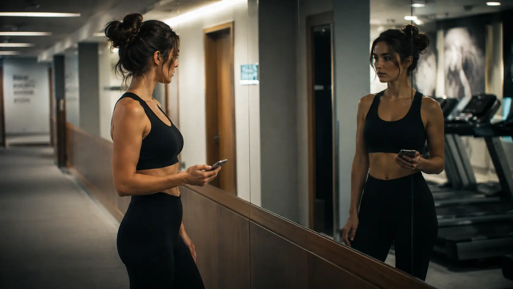 divine soul astrology reading — woman pausing alone in a hotel gym corridor, looking at her reflection in the mirror