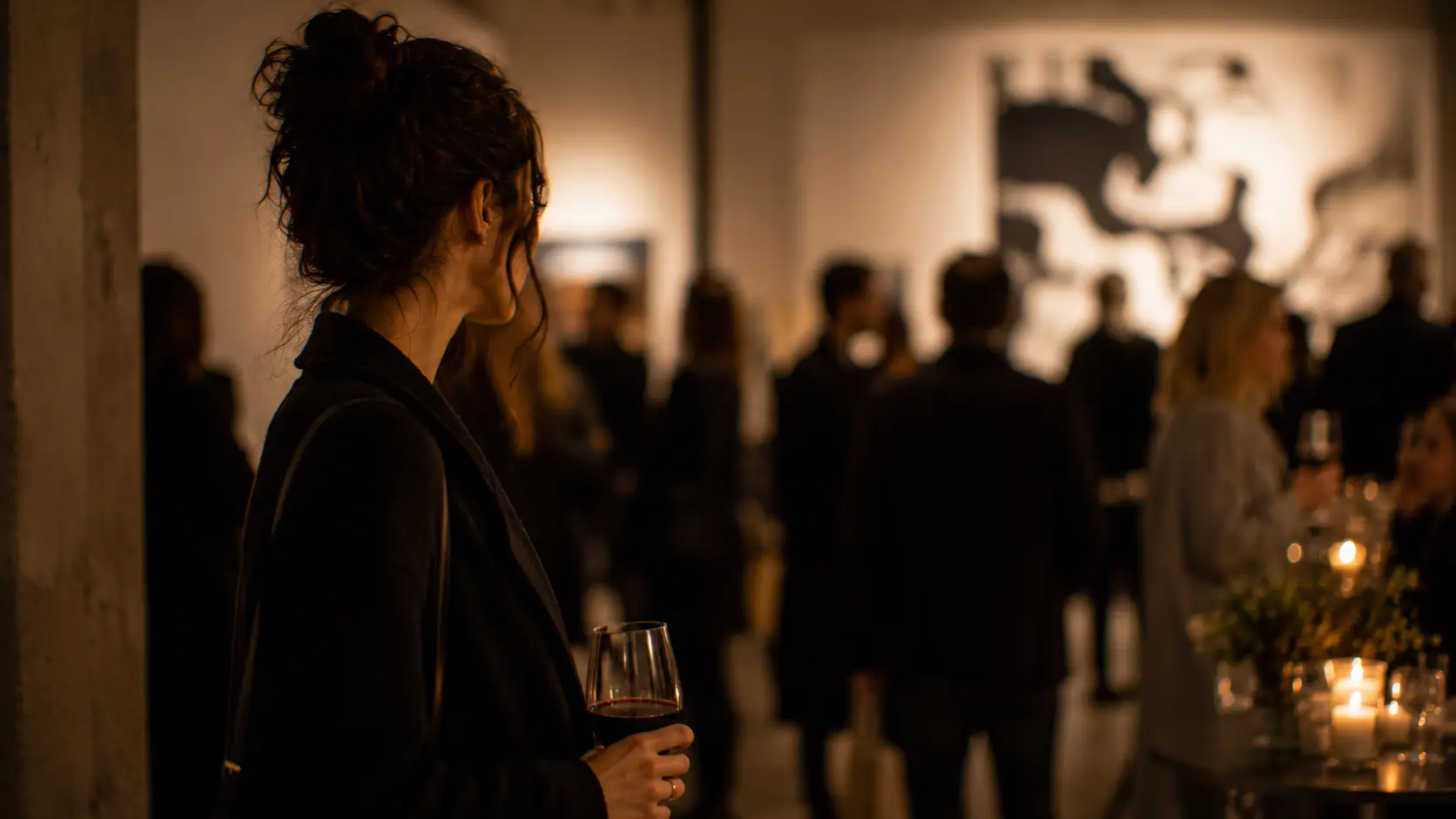 Divine soulmate birth chart — woman standing at a social event, holding a wine glass, looking across a warm amber-lit room as if searching for a face she already knows
