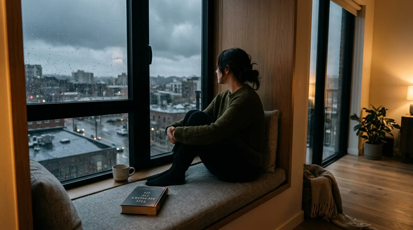 Does a cancer man love me — woman sitting in a window seat with knees drawn up, looking out at an overcast sky, introspective and still