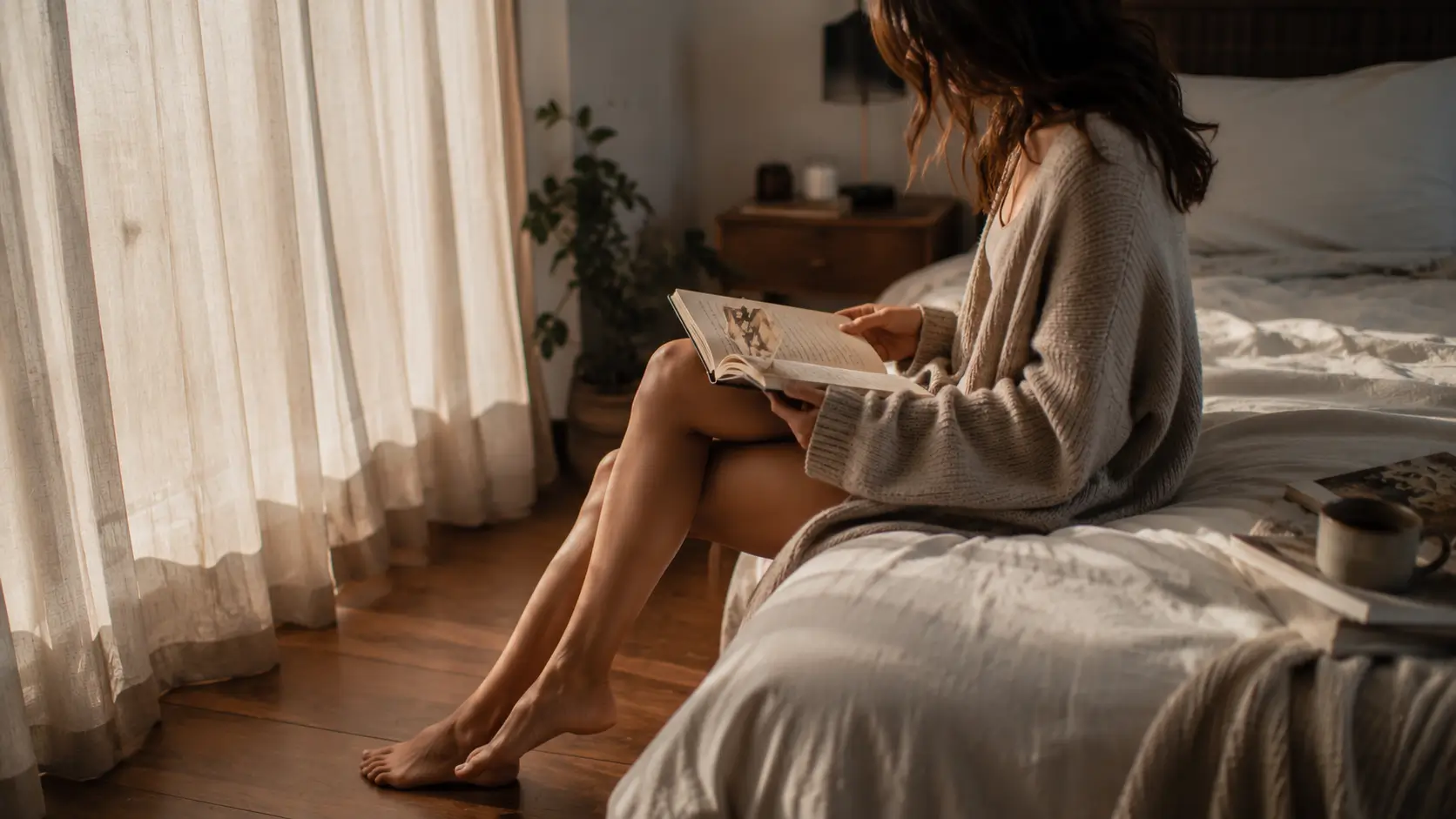 Finding your soulmate through astrology — woman sitting on the edge of her bed in early morning light, journal open in her lap with an old photograph tucked inside