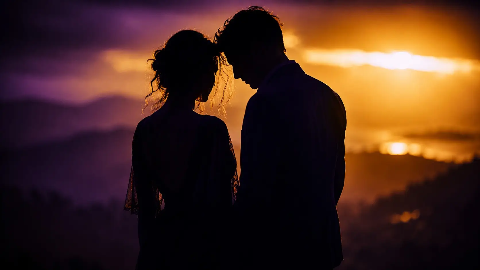 Gemini and scorpio relationship — two silhouettes standing close in golden backlight, purple shadows, intimate mood