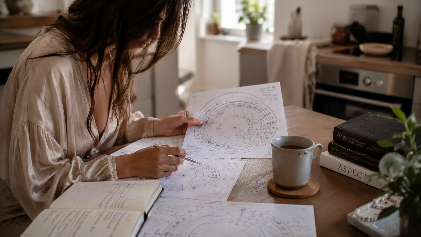 Gemini man emotionally consistent — woman looking thoughtfully at a printed birth chart on a kitchen table with morning light