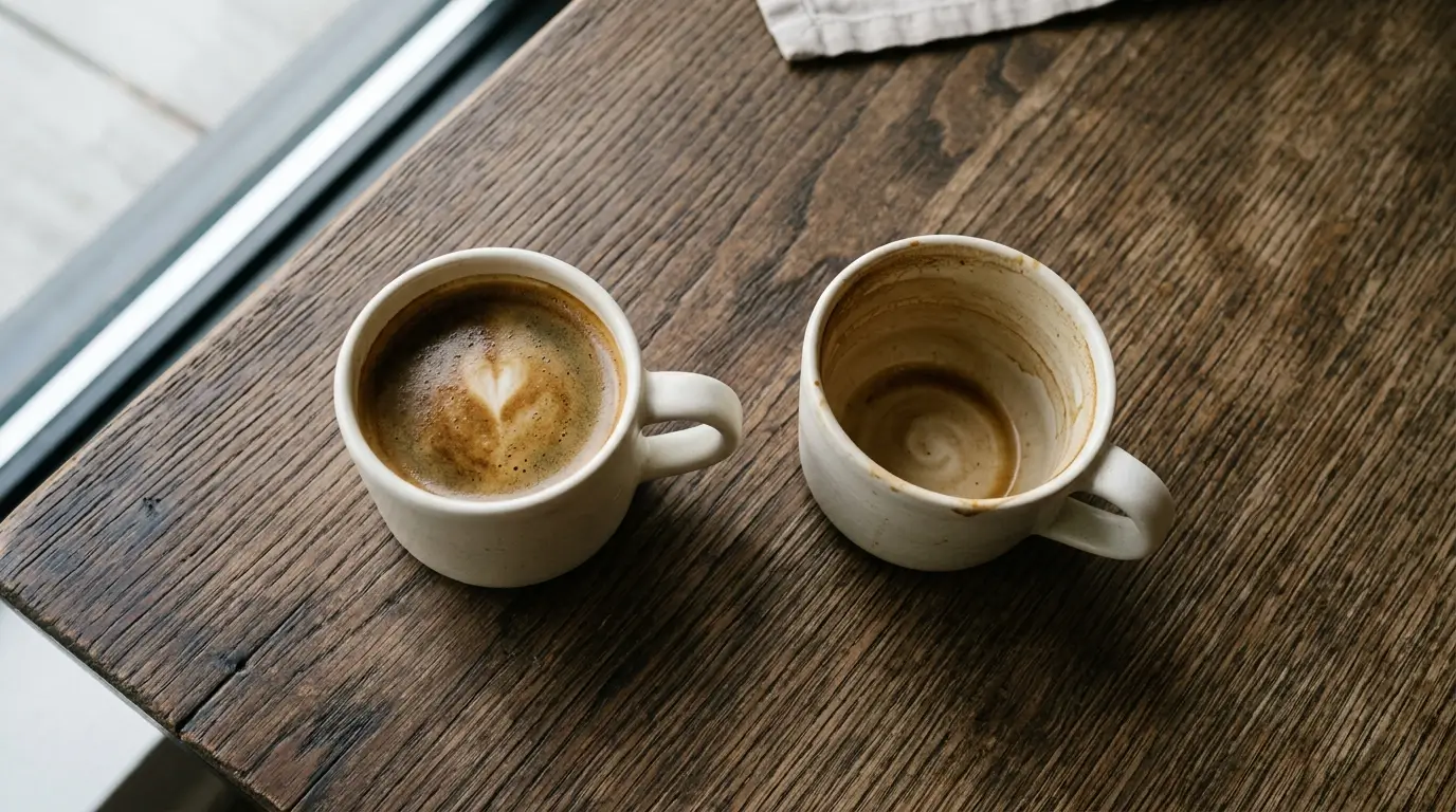 Gemini man goes distant — two coffee cups on a café table, one full and one empty, symbolizing emotional withdrawal