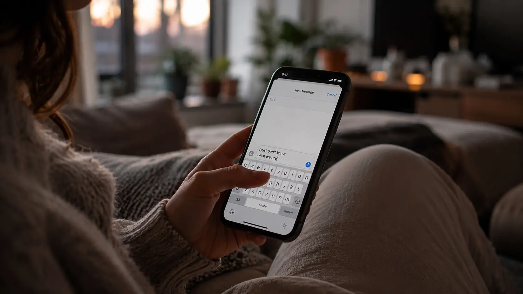 Gemini man inconsistent texting — close-up of a woman's hand holding a phone with a half-typed message, sitting on a couch at home