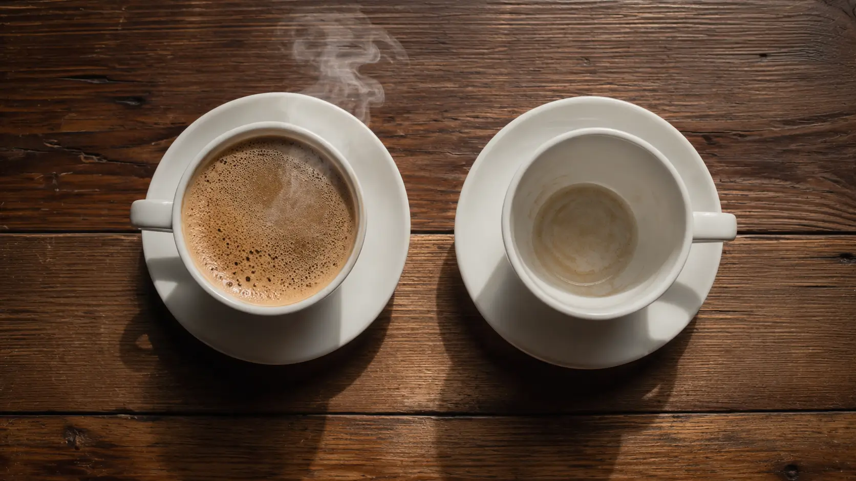 Gemini man mixed signals — two identical coffee cups side by side on a wooden café table, one full and steaming, one empty and cold