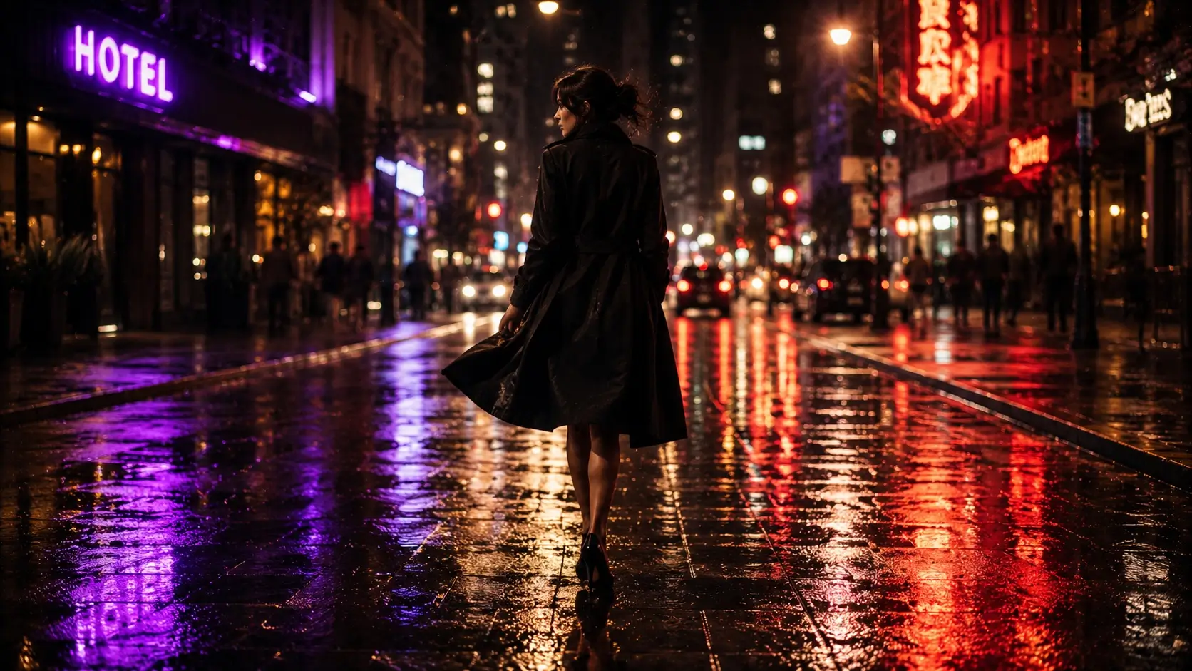Gemini man scorpio woman — woman walking alone on a rainy city street at night, neon lights reflected on wet pavement