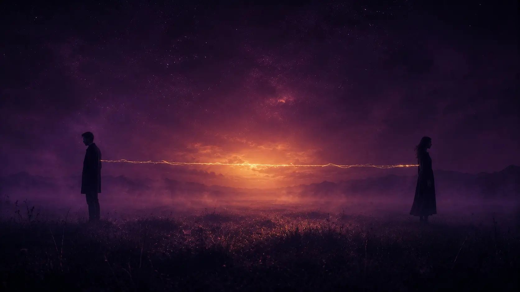 Gemini man scorpio woman — two silhouettes standing apart in a misty purple night, a thread of gold light between them