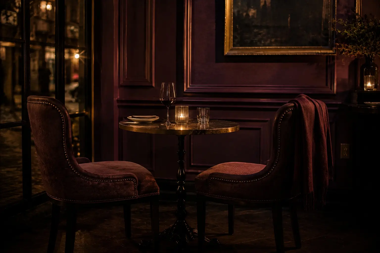 gemini pisces compatibility — two chairs at a bistro table slightly apart, one empty wine glass, suggesting a love that keeps missing its moment