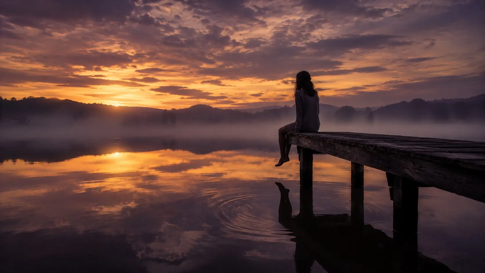 gemini pisces compatibility — woman sitting alone at the end of a dock looking at a misty purple twilight over still water