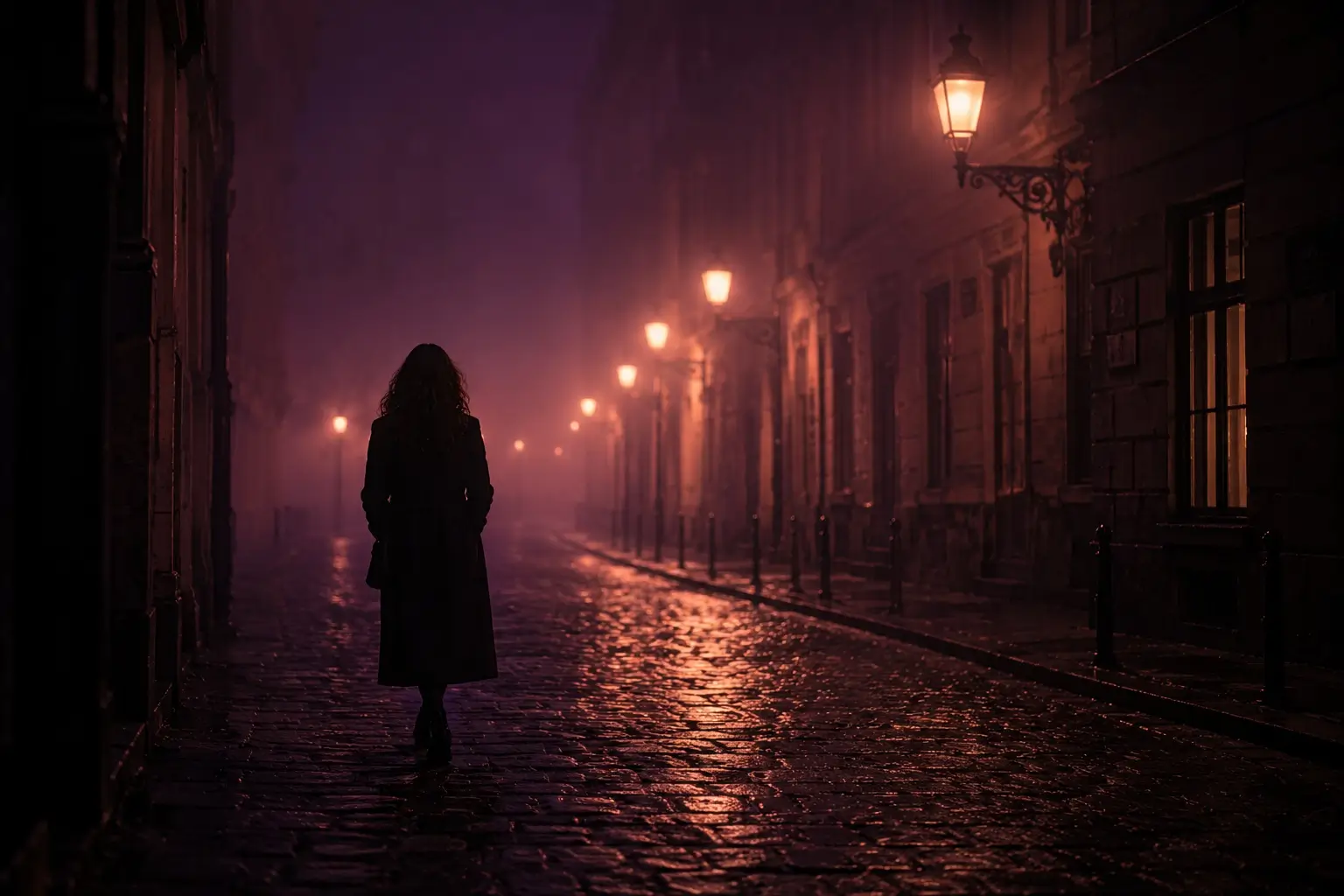 gemini pisces soulmate — silhouette of a woman pausing on a foggy cobblestone street at night, suggesting love at a crossroads