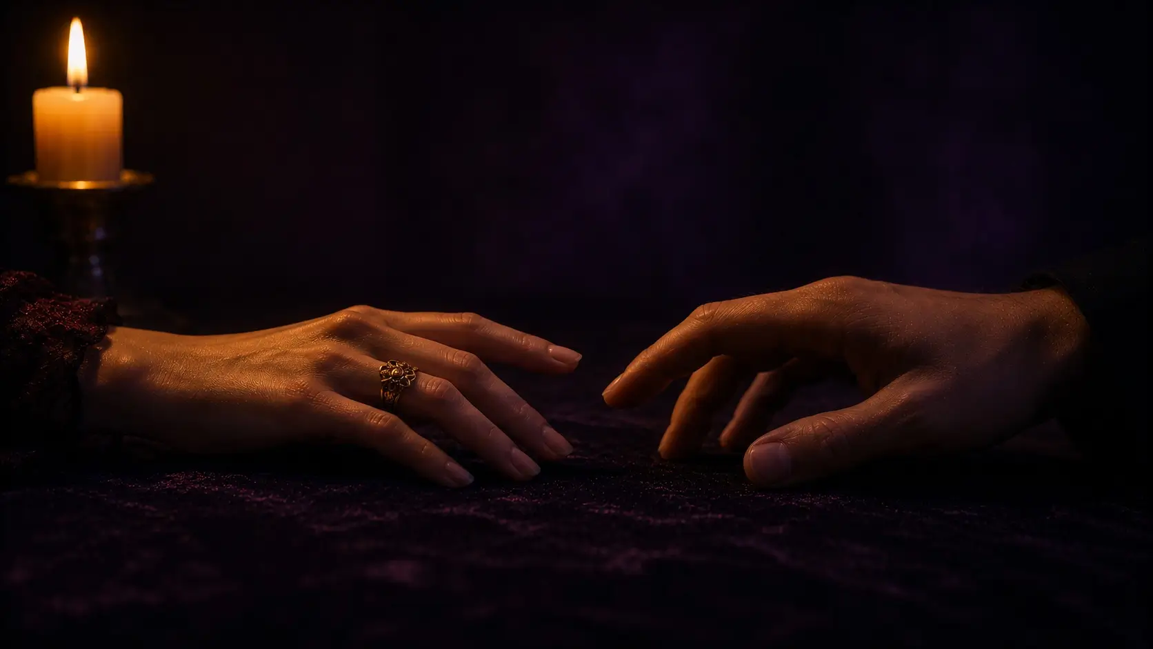 Gemini scorpio compatibility — two pairs of hands almost touching on a dark surface, candlelight, emotional tension