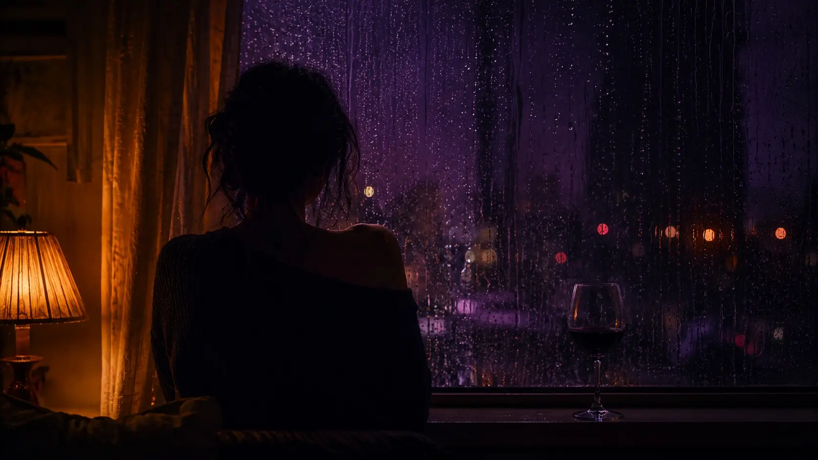 Gemini scorpio love match — woman silhouette sitting alone by a rain-streaked window at night, quiet and still