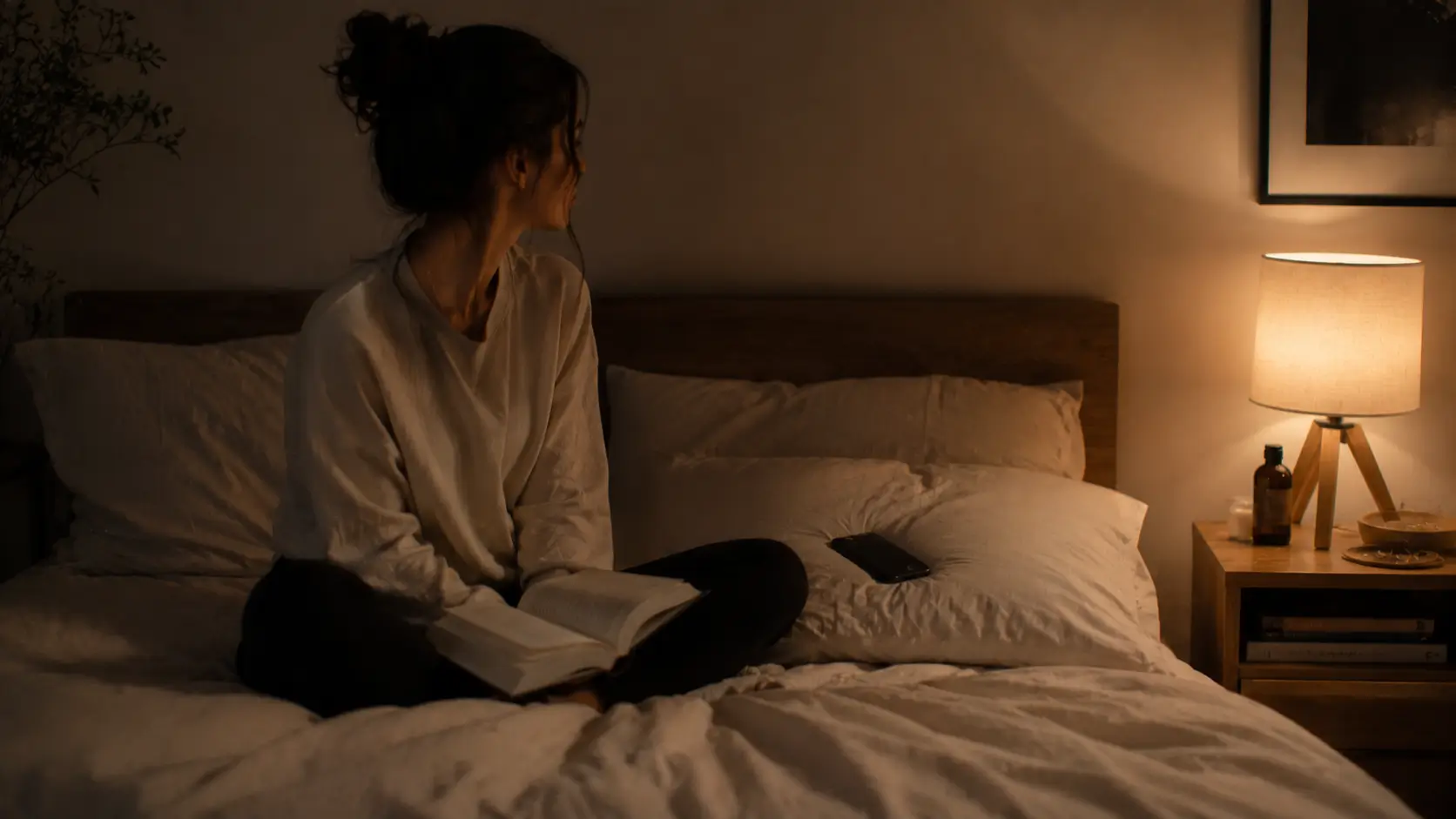 How to find your soulmate astrology — woman sitting on bed at night, book in lap, looking up and thinking